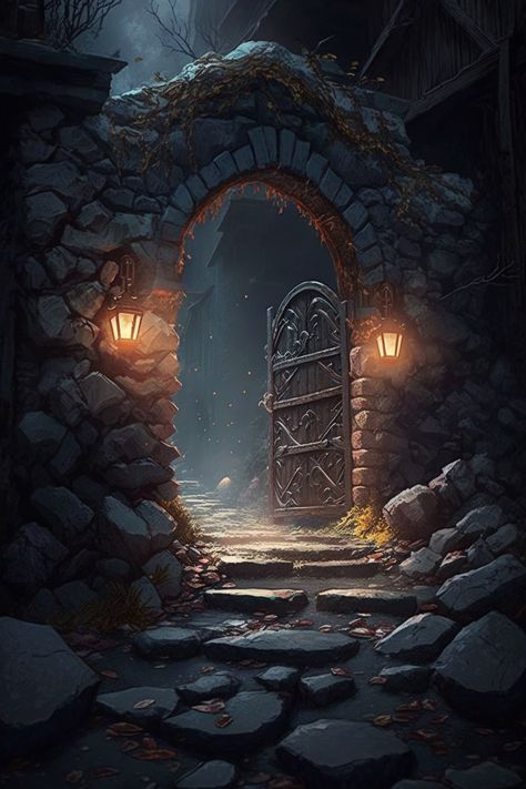 Gate Aesthetic, Fantasy Gate, Book Bujo, The Graveyard Book, Castle Rooms, Castle Doors, Eerie Places, Brick Pathway, Secret Passages