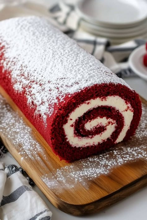 Red Velvet Roll, Roll With Cream Cheese Filling, Red Velvet Cake Roll, Easy Red Velvet Cake, Rolled Cakes, Velvet Desserts, Velvet Recipes, Red Velvet Desserts, Red Velvet Recipes