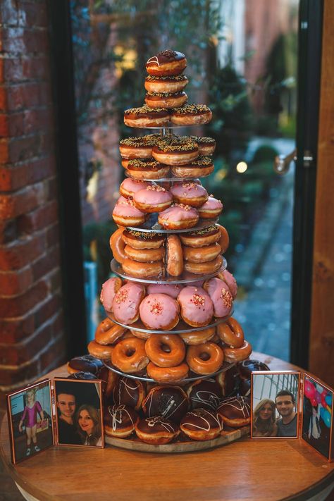 Donut Cake Birthday Tower, Non Traditional Wedding Cakes, Donut Tower Wedding, Christmas Barn Wedding, Doughnut Wedding, Doughnut Tower, Doughnut Wedding Cake, Donut Cakes, Donut Wedding Cake