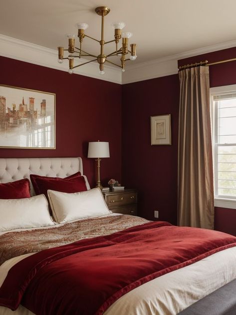 Red Bedroom Ideas, Burgundy Room, Burgundy Bedroom, Edison Lights, Stylish Master Bedrooms, Burgundy Living Room, Red Bedroom Decor, Velvet Comforter, Red Bedroom