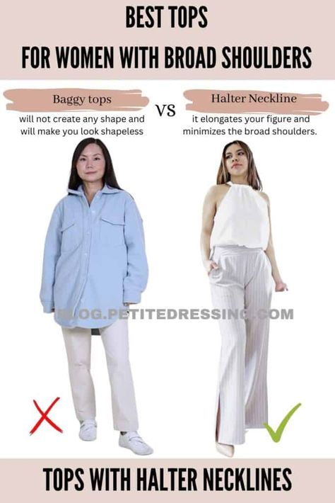 The Tops Guide for Women with Broad Shoulders Outfits For Broad Shoulders Women, Tops For Broad Shoulders, Outfits For Broad Shoulders, Broad Shoulder Women Outfits, Women With Broad Shoulders, Broad Shoulder Women, Petite Dressing, Visual Balance, Baggy Tops