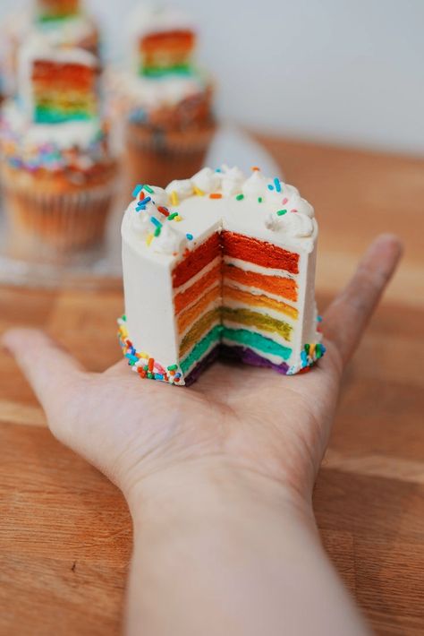 Rainbow Mini Cake, Mini Rainbow Cake, Pride Treats, Sleepover Treats, Bespoke Cupcakes, Bakery London, Rainbow Cakes, Pop Up Cafe, Vanilla Birthday Cake