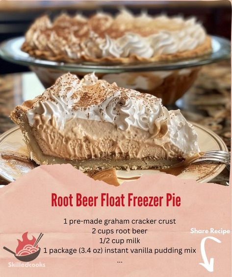 Root Beer Float Freezer Pie, Rootbeer Float Pie Recipe, Root Beer Pie Recipe, Root Beer Pie, Freezer Pie, Root Beer Float Pie, Cool Whip Pies, Bake Sweets, Icebox Desserts