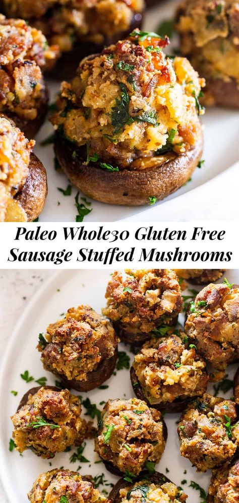 These healthier sausage stuffed mushrooms are huge on flavor but contain no dairy, gluten or grains.  They're easy to put together and make the perfect holiday appetizer or side dish!  Paleo, Whole30, keto. #paleo #cleaneating #thanksgiving #whole30 #keto Paleo Dip, Aip Thanksgiving, Paleo Running Momma, Gluten Free Sausage, Paleo Thanksgiving, Sausage Stuffed Mushrooms, Paleo Appetizers, Paleo Sides, Whole30 Keto