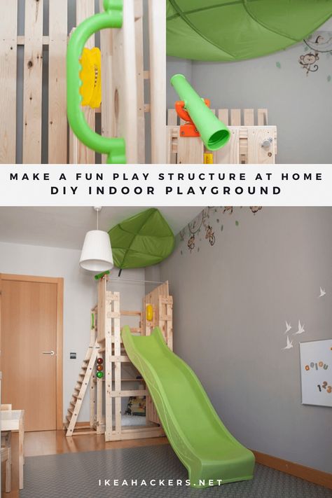 Make A Fun Play Structure At Home: Brunoland now open! DIY indoor playground using IKEA HEJNE as the base. Simple Indoor Playground, Playplace Indoor Playground, Indoor Playground At Home, Living Room Playground, Diy Play Platform, Diy Playroom Loft With Slide, Indoor Playset Diy, Small Indoor Play Gym, Diy Climbing Structure Indoor