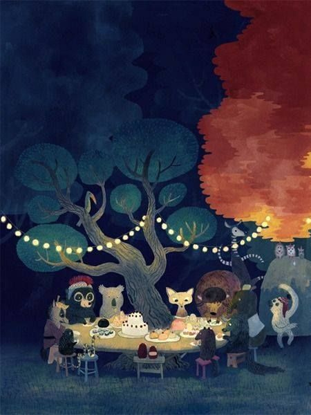 evening dining In The Forest Illustration, Birthday Party Night, Night In The Forest, Animals Birthday Party, 동화 삽화, Animals Birthday, Illustration Noel, Animal Birthday Party, Forest Illustration