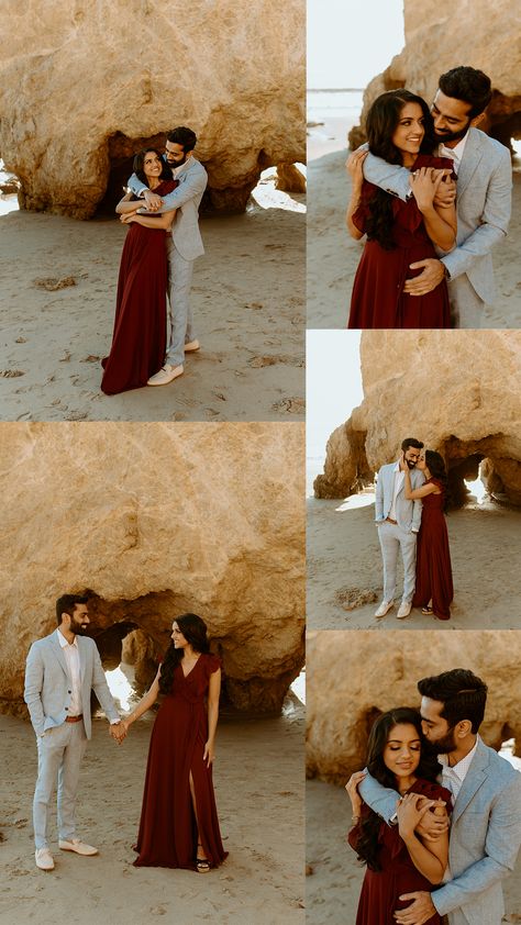 Red Dress Beach Engagement Photos, Indian Couple Photography Poses Beach, Indian Couple Engagement Photoshoot, Casual Dress Couple Photoshoot, Red Dress Pre Wedding Shoot, Best Pose For Couples, Beach Photoshoot Prewedding, Outfit For Pre Wedding Photoshoot, Same Dress Couple Pics