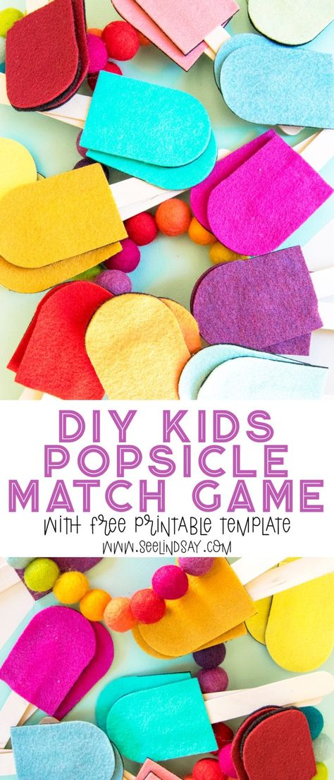 Create your own color matching game for your toddler. This printable template will help you make the cutest game that'll please you and help your child learn. These felt popsicle shapes are perfect for teaching your child how to Diy Color Matching Activities, Felt Crafts For Preschoolers, Felt Shapes Templates, Felt Matching Game, Felt Memory Game, Felt Crafts For Toddlers, Cricut Toddler Projects, Felt Activities For Toddlers, Game Kids Room