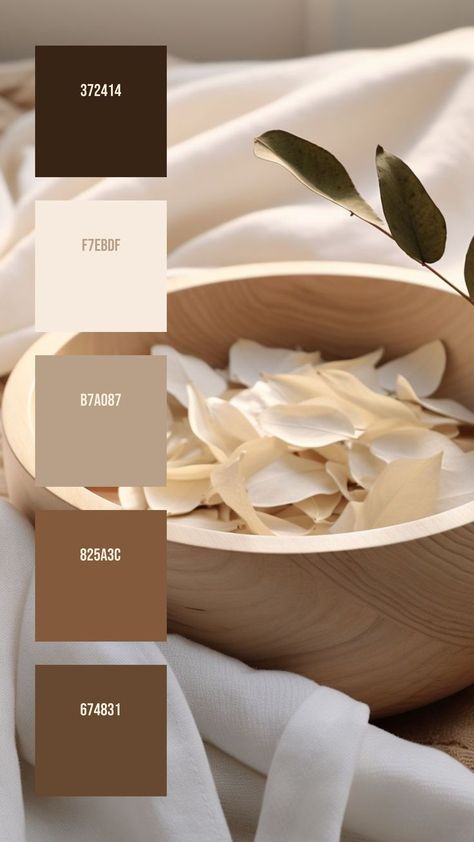 Colors:
372414
F7EBDF
B7A087
825A3C
674831 Earth Colour Palette, Large Wooden Bowl, Pale Beige, Botanical Elements, Muted Green, Branding Resources, Beige Tones, Earth Color, Wooden Bowl