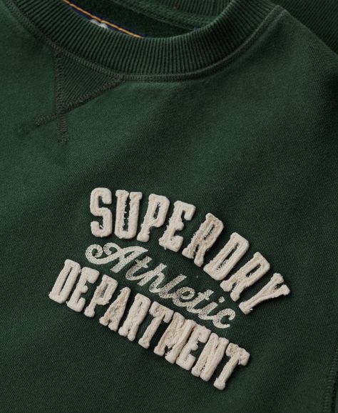 Mens - Vintage Athletic Crew Sweatshirt in Academy Dark Green | Superdry UK School Sweater Design, Long Shot Photography, Hoodie Design Ideas Inspiration, Logo Technique, Graphic Techniques, Korean Shirts, Hoodie Design Ideas, School Sweater, Embroidery Fashion Detail