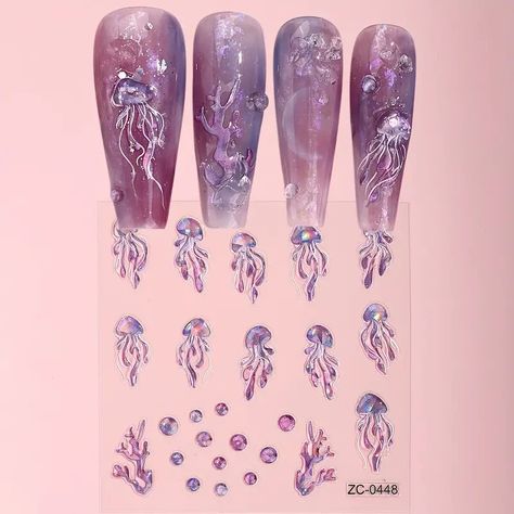 Jellyfish Pattern, Pattern Nail Art, Natural Nail Designs, Jewelry Knowledge, Purple Nail, Pretty Gel Nails, Really Cute Nails, Nail Art Sticker, Cute Gel Nails