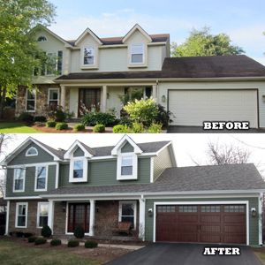 Painting vinyl siding before and after Painting Vinyl Siding, Vinyl Siding House, Colonial House Exteriors, Garage Door Decor, House Paint Color Combination, James Hardie, Home Exterior Makeover, Siding Paint, Cottage Style Homes