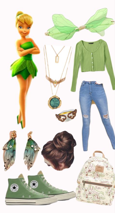 Stitch Disney Bounding, Disney Bounding Tinkerbell, Tinkerbell Outfit Ideas, Peter Pan Disneybound, Disney Bonding, Tinkerbell Disneybound, Pixar Costume, Tinkerbell Outfit, Disneybounding Ideas