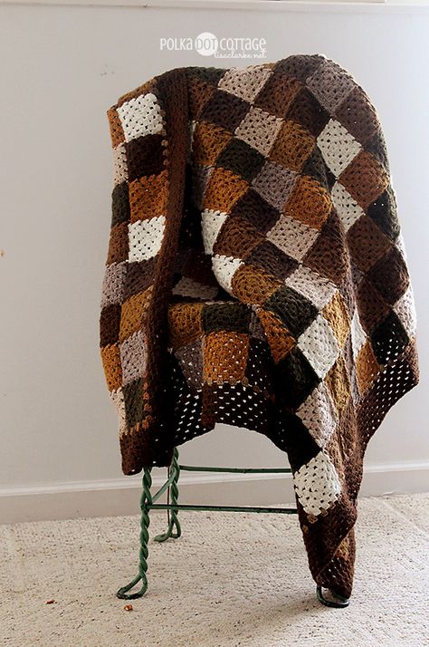 LIKE MINE: Neutral Squares crochet blanket, at Polka Dot Cottage Brown And White Crochet Blanket, Granny Square Blanket Neutral, 5 Color Crochet Blanket, Crochet Brown Blanket, Crochet Blanket Men, Brown Granny Square Blanket, Mens Crochet Blanket, Man Blankets, Crochet Blanket For Men