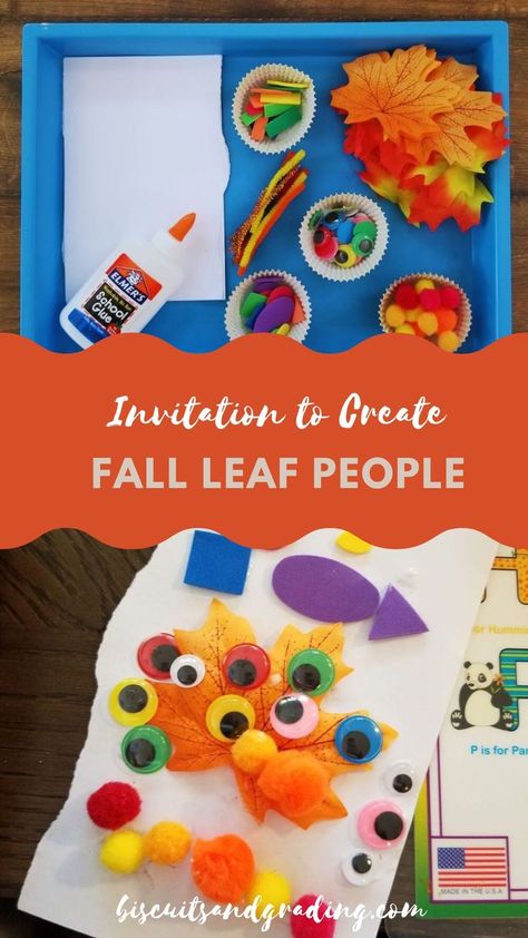 Invitation to Create Leaf People bin on top and Fall Leaf People art project on bottom. Fall Invitation To Create, People Activity, Leaf People, Invitation To Create, Autumn Invitations, School Glue, Fall Leaf, Food Crafts, Reggio Emilia