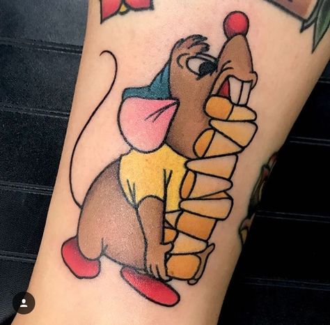 Disney cinderella gus gus tattoo Fun Disney Tattoos, Gus Tattoo Cinderella, Disney Gus Gus Tattoo, Disney Tattoo Filler Ideas, Cinderella Mouse Tattoo, Disney Calf Tattoos For Women, Jaq And Gus Tattoo, Cinderella Tattoo Sleeve, 90s Disney Tattoos