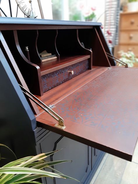 Bureau Writing Desk Upcycled & Painted in Oxford Navy – Furniture Upcycling Workshops Painted Writing Bureau, Bureau Desk Upcycle, Bureau Upcycle, Painted Writing Desk, Navy Furniture, Writers Desk, Vintage Writing Desk, Working Office, Victorian Tile