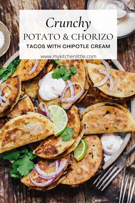 These Crispy Chorizo and Potato Tacos come with a smoky, garlicky cream that perfectly sets off the spicy filling. Tangy, flavorful chorizo sausage and stock-simmered potatoes make an incredible filling for these tiny, crispy tacos. #tacos #mexican #chorizo #chipotle Chorizo Y Papas Tacos, Chorizo And Potato Recipes, Chorizo Sweet Potato Tacos, Ground Beef And Chorizo Tacos, Chorizo Potato Recipes, Soy Chorizo Tacos, Beef And Chorizo Tacos, Ground Turkey Chorizo Recipe, Vegan Chorizo Recipes Dinners