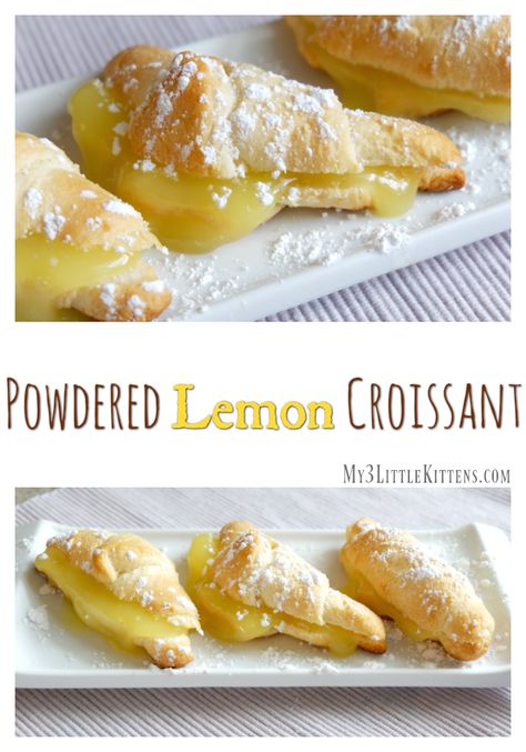 Powdered Lemon Croissant Lemon Croissant Crescent Rolls, Lemon Curd Croissants, Recipes Using Crossiants, Lemon Crescent Rolls Desserts, Lemon Meringue Croissants, Lemon Croissants, Crescent Roll Dessert, Crescent Recipes, Croissant Recipe