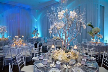 Love the tree style table centers with the flowers around the base. Cinderella Sweet 16, Powder Blue Wedding, Blue Sweet 16, Winter Wedding Planning, Debut Ideas, Beachy Wedding, Sweet 16 Decorations, Hydrangea Arrangements, Light Blue Wedding