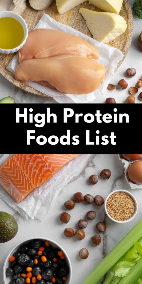 Images of high protein foods like chicken, salmon, seeds, cheese and more. Foods With Highest Protein, Best Source Of Protein, Meat High In Protein, 30 Day High Protein Meal Plan, Low Calorie High Protein Food List, Healthy Protein Foods List, Hit Protein Goals, Easy Ways To Get Protein In, Healthy Carbs Foods List