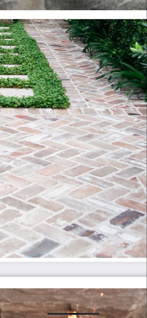 White Washed Brick Walkway, Coastal Outdoor Pavers, Front Yard Pavement Ideas, White Washed Brick Patio, Recycled Brick Driveway, Brick Paving Ideas Outdoor, Recycled Brick Path, Recycled Brick Paving, Paving Design Landscape