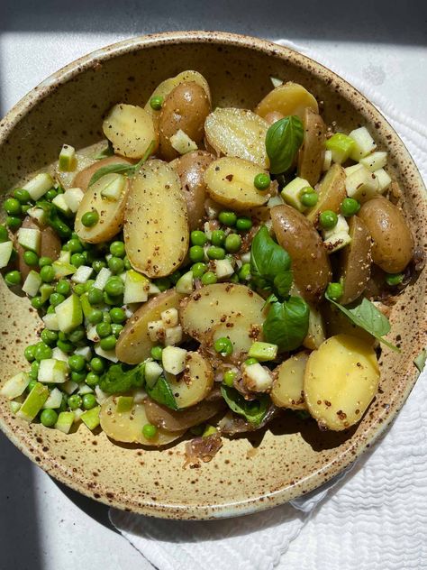 Potato and green pea salad Potato and Green Pea Salad | margauxfood.ca Green Pea Salad, Salad Potato, Caramelized Shallots, Pea Salad, Mustard Dressing, Baby Potatoes, White Wine Vinegar, Green Peas, Potatoe Salad Recipe