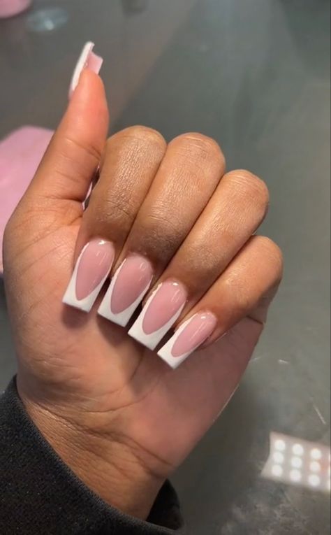 Short Nails Long Fingers, Deep White French Tip Nails, Pink And White Nails French Square, Thick Pink French Tip Nails, French Tip Nails Thick White, Pink And White French Tip Nails Square Medium, Curved Pink French Tip Nails, Pink Outlined French Tips, Cartoon Nail Designs