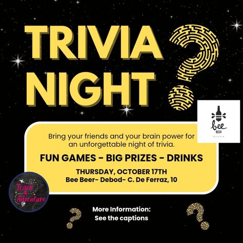 It has begun! That's right—Bee Beer Trivia is back! Join us on Thursday, October 17th for a night of trivia, fun, and maybe even a few extra prizes courtesy of our generous host. Of course, the winning team takes home the prize pot in the form of a gift card for future visits to Bee Beer! Entry: €2 per person (cash only). Teams: 2-4 people. Pre-register via the link in our bio or in person starting at 7:30 PM. Trivia starts promptly at 8:00 PM. We can't wait to see you there! Beer Trivia, Beer Facts, Trivia Night, Brain Power, 4 People, Fun Games, Trivia, See You, Bee