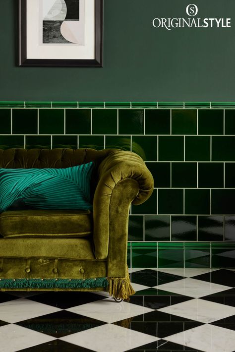 Wall tiles from Original Style, Artworks Range, Victorian Green Field Tile. Intense and Rich, Victorian Green is a stunning legacy from the Victorians. Stunning colour and a translucent glazes creates luxury in any interior setting. Victorian Green, Green Field, Tile Trends, Green Tile, Green Interiors, Green Bathroom, Ceramic Wall Tiles, Interior Trend, Interior Design Trends