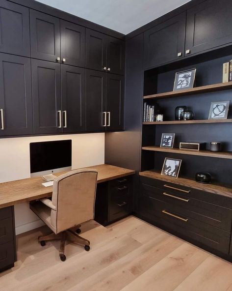 Office With Black Cabinets, Pantry Desk, Black Corner Desk, Home Office Dark, Study Lounge, Room 101, Home Study Rooms, Bourbon Room, Custom Bedroom