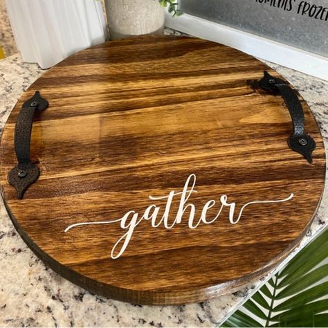 Handmade Wood Tray Charcuterie Board With Metal Handles 12” Round Gather Wood Slice Charcuterie Board, Wood Plate Decor, Wood Rounds Crafts, Charcuterie Board Tray, Charcuterie Board With Handles, Tray Charcuterie Board, Round Wood Tray, Wood Charcuterie Board, Rustic Serving Trays