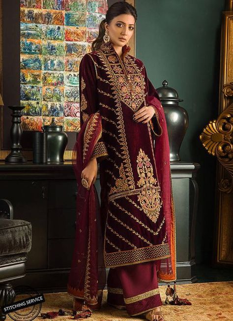 Makhmal Embroidered Pakistani Salwar Kameez Dupatta Tassels, Velvet Designer Suits, Pakistani Velvet Suits, Pakistani Clothes Online, Designer Brands Fashion, Asim Jofa, Embroidered Motifs, Salwar Kamiz, Embroidered Border