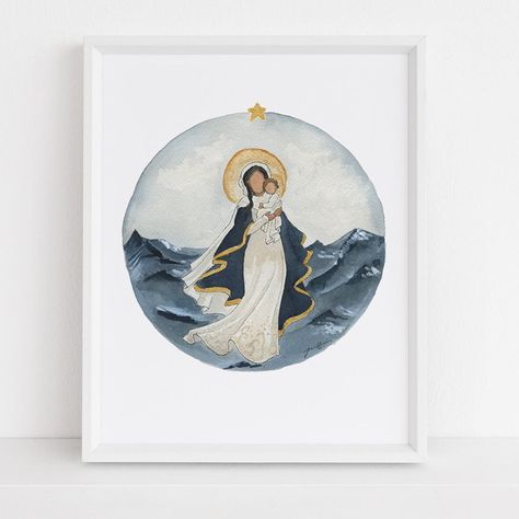 Stella Maris Star Of The Sea, Catholic Watercolor Art, Religious Drawings, Mary Watercolor, Mary Star Of The Sea, Aesthetic Faith, Star Of The Sea, Jesus Drawings, Stella Maris