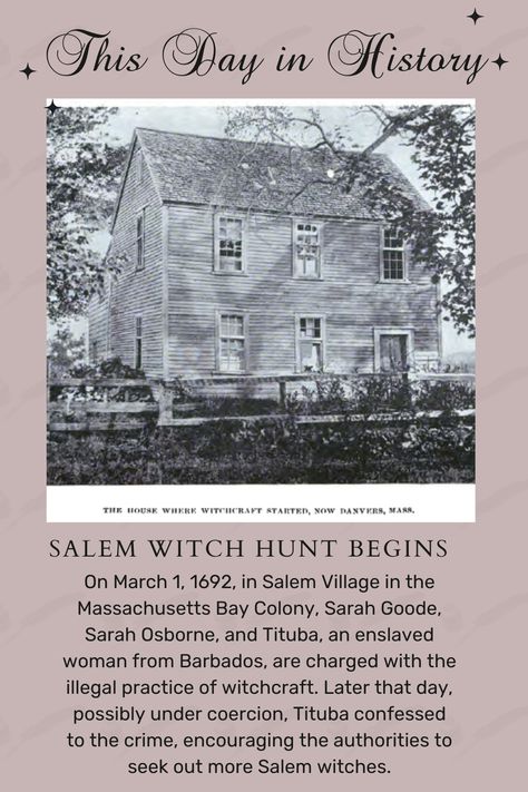 On March 1, 1692, in Salem Village in the Massachusetts Bay Colony, Sarah Goode, Sarah Osborne, and Tituba, an enslaved woman from Barbados, are charged with the illegal practice of witchcraft. Later that day, possibly under coercion, Tituba confessed to the crime, encouraging the authorities to seek out more Salem witches. Henrietta D. Kimball, Public domain, via Wikimedia Commons #history #thisdayinhistory #historylovers 1692 Tattoo Salem, Tituba Salem, Salem Witch Trials Facts, Salem Village, Salem Witch Hunt, Witchcraft History, Salem Witches, Massachusetts Bay Colony, Witch History