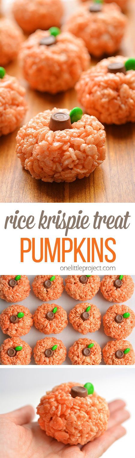 These rice krispie treat pumpkins are ADORABLE and they're really easy to make! They'd be perfect for a Halloween party snack, or even Thanksgiving! Pumpkin Rice, Halloween Party Snacks, Halloween Treats Easy, Thanksgiving Treats, Rice Krispy, Halloween Baking, Rice Krispie Treats, Snacks Für Party, Rice Krispie