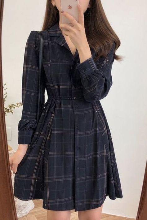 Short Frock With Pants, Korean Dress Elegant Long, Frock Styles, Plaid Dress Outfit, Dark Academia Dress, Academia Dress, Bts Bag, Everyday Dresses Casual, Academia Clothing