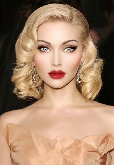 Retro Bridal Updo, Old Hollywood Glam Hair And Makeup, Natural Vintage Makeup Look, Short Hair Styles For Gala Night, Wedding Makeup Dramatic Eyes, Prom Blonde Hairstyles, 1920s Glam Makeup, 1920s Wedding Makeup, 1920s Makeup Authentic