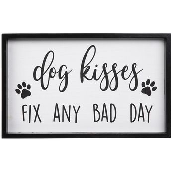 Celebrate man's best friend in style with Dog Kisses Wood Wall Decor. This cute MDF piece features a white background with black text, small paw print designs, and a coordinating black frame. Hang it on the wall along with pictures of your pup for a pet friendly home!     Dimensions:   Length: 10 1/4"  Width: 16 9/16"  Thickness: 1 1/8"  Orientation: Horizontal  Includes: 2 - Sawtooth Hangers      Full Text:   Dog Kisses Fix Any Bad Day Dog Room Decor, Dog Bedroom, Dog Corner, Wall Decor Hobby Lobby, Dog Wall Decor, Dog Kisses, Paw Print Design, Dog Rooms, Pet Signs