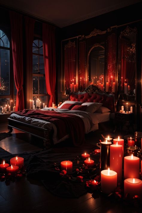 A mystifying bedroom with lots of candles in a dark setting. Bedroom decor, bedroom wallpaper, bedroom aesthetic, bedroom design, bedroom decor ideas, bedroom furniture bedroom ideas for small rooms, bedroom wallpaper ideas, bedroom ideas aesthetic, bedroom inspirations, bedroom decorating ideas, home decor aesthetics, home decorating ideas, home decor bedroom home decor ideas bedroom, home decoration ideas, home decor idea, home decor tips, decor, decoration, bedroom design, bedroom inspo. Black Moody Bedroom, Mysterious Bedroom, Wallpaper Bedroom Aesthetic, Dark Setting, Aesthetic Bedroom Design, Bedroom Wallpaper Ideas, Bedroom Ideas For Small Rooms, Gothic Bedroom, Bedroom Ideas Aesthetic