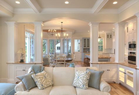 : "Sherwin Williams - Antique white" Paint Color: "Sherwin Williams ... Ceiling Accents, Scullery Kitchen, Family Den, House Of Turquoise, Plan Ideas, House Decorating, Blue Rooms, Transitional Decor, A Living Room