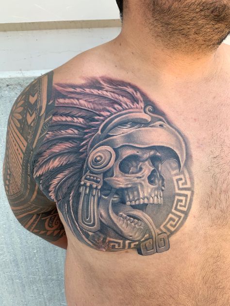 Aztec Skull Tattoo Design, Aztec Warrior Tattoo Men, Warrior Chest Tattoo, Aztec Chest Tattoo, Aztec Skull Tattoo, Mexican Tattoo Ideas For Men, Tattoos With Deep Meaning, Mexican Skull Tattoos, Aztec Warrior Tattoo