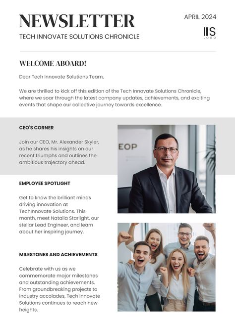 An easy-to-edit newsletter template for Google Docs. Employee Newsletter, Editable Newsletter Templates, Online Newsletter, Docs Templates, Newsletter Template, Internal Communications, Google Docs, Communication