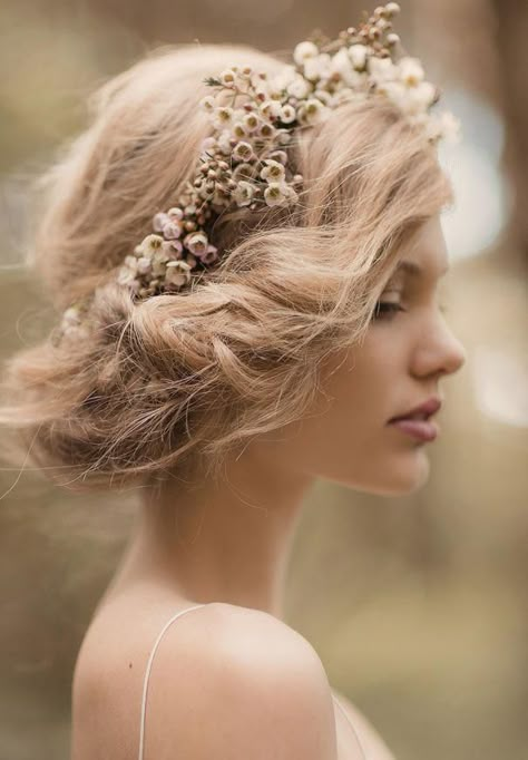 Romantic floral updo. #hair #boho #floral Flowers In Her Hair, Pink Hair, Her Hair, Headpiece, A Woman, Flowers, Hair, Pink