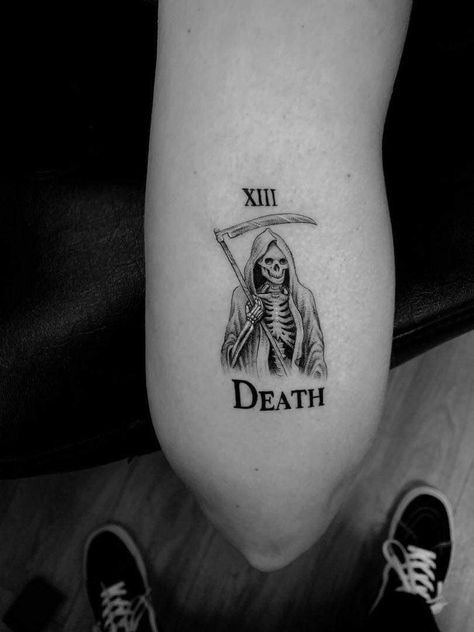 Small Grim Reaper Tattoo Simple, Grim Reaper Tattoo Fineline, Fine Line Grim Reaper Tattoo, Faceless Grim Reaper Tattoo, Grim Reaper Small Tattoo, Woman Grim Reaper Tattoo, Grim Reaper Tarot Card Tattoo, Boogieman Tattoo, Small Reaper Tattoo