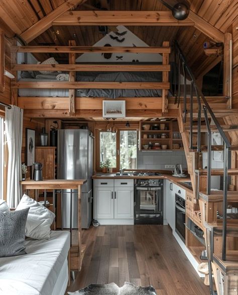 Tiny House Corner Tiny House Loft Ideas Layout, Tiny House Loft Ideas, Wooden Tiny House, Barn Tiny House, Mezzanine Ideas, Two Story Tiny House, Tiny House Rentals, Dream Camper, Cabin Remodel