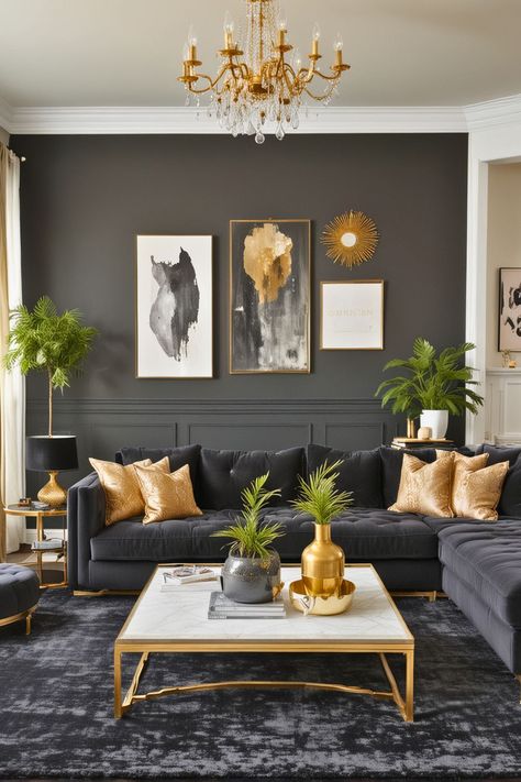 15 Charcoal Couch Living Room Ideas – The Crafty Hacks Grey Couch Living Room Ideas Gold Accents, Dark Grey Sofa Colour Schemes, Dark Gray Living Room Decor, Gray Couch Gold Accents, Charcoal And Blue Living Room, Living Room Inspiration Dark Grey Couch, Dark Grey And Gold Living Room, Charcoal Sofa Living Room Decor, Living Room Color Scheme Ideas Modern