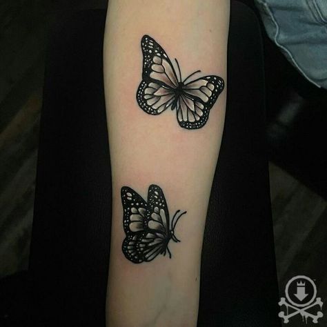 Super cute black and grey butterflies tattooed by Vin DeCastro. #12ozstudios #team12oz #tattoo #tattoos #tattooed #tattooing #tattooism #tattooart #tattooartist #tattooer #tattooist #art #artstudio #tattooshop #tattoostudio #ink #inked #bngtattoos #blackandgraytattoos #butterfly #butterflies #butterflytattoos #butterfliestattoo Black And Gray Butterfly Tattoo, Butterfly Tattoo Black And White, Black And Grey Butterfly Tattoo, Black And White Butterfly Tattoo, White Butterfly Tattoo, Simple Butterfly Tattoo, Butterfly Wrist Tattoo, Butterfly Black And White, Tattoo Cover-up