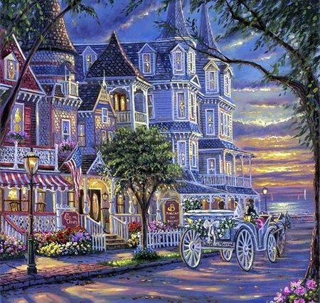 Needlework Crafts, Decoupage Vintage, Card Pattern, Paintings Art, Thomas Kinkade, City Street, Cape May, Futuristic Architecture, Woman Painting