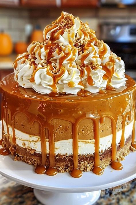 Pumpkin Caramel Cheesecake Layer Cake Cake With Cheesecake Layer, Cheesecake Layer Cake, Pumpkin Caramel Cheesecake, Creative Snack Ideas, Dark Chocolate Cake Recipes, Layer Cheesecake, Spice Cheesecake, Cheesecake Trifle, Cheesecake Layer